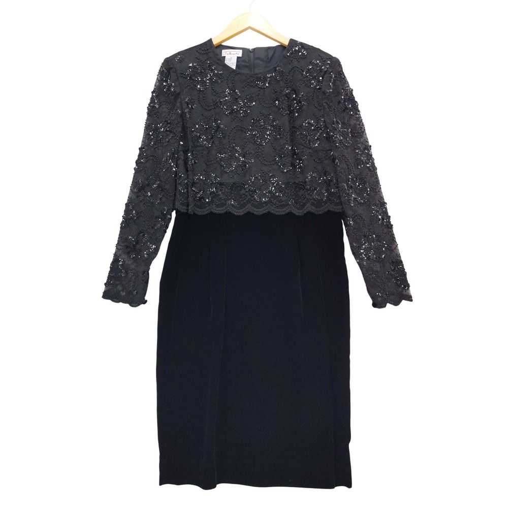 Talbots Sheath Dress Women 10 Black Sequin Beaded Lace Velvet Long Sleeve Formal